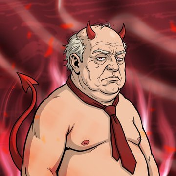 Digital illustration of a shirtless older man with small red devil horns, a red tie, and a devil tail against a red smoky background.
