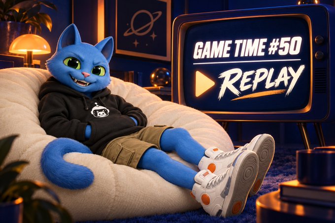 A 3D-rendered blue cat character wearing a black hoodie and khaki shorts lounging on a beanbag chair in front of a retro TV displaying "GAME TIME #50 REPLAY."