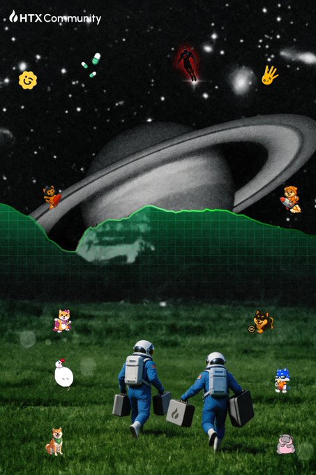 The image features two people dressed as astronauts walking across a grassy field while carrying suitcases, surrounded by various cartoon characters such as dogs, cats, and birds. The scene appears to be set against a backdrop of stars and planets, creating an atmosphere reminiscent of outer space exploration or a futuristic setting. The post includes text that reads "Suits on, briefcases packed. Starting the week with pure cosmic building! Who’s conquering the market with #HTX today?".