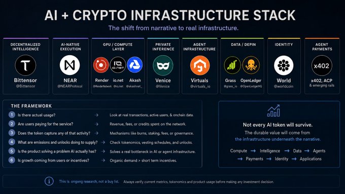 Infographic titled 'AI + CRYPTO INFRASTRUCTURE STACK' listing projects across categories like Decentralized Intelligence (Bittensor), AI-Native Execution (NEAR), GPU/Compute Layer (Render, io.net, Akash), Private Inference (Venice), Agent Infrastructure (Virtuals), Data/DePIN (Grass, OpenLedger), Identity (World), and Agent Payments (x402).