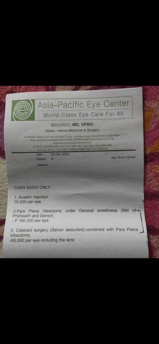 A receipt from Asia-Pacific Eye Center detailing medical procedures including an Avastin injection (P16,000), Pars Plana Vitrectomy (P160,000), and Cataract surgery (P65,000) for patient Evas, dated December 2024, with a post expressing hope that a small monetary gift helps cover the eye care costs.