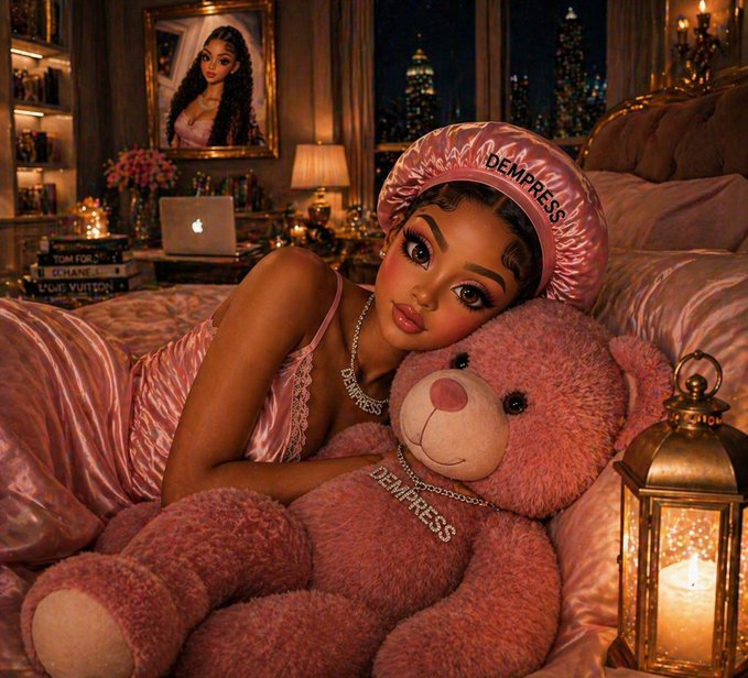 A doll-like character wearing a pink 'DEMPRESS' satin bonnet and nightgown, lying in bed with a pink teddy bear, accessorized with a silver necklace and featuring a luxury bedroom setting with a city skyline view.