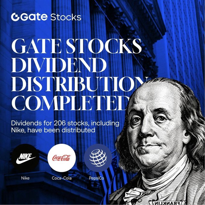 A promotional graphic from Gate Stocks announces the completion of dividend distribution for 206 tokenized US stocks and ETFs, featuring a large portrait of Benjamin Franklin from the $100 bill alongside logos for Nike, Coca-Cola, and PepsiCo, emphasizing that dividends were credited in $USDT equivalent.
