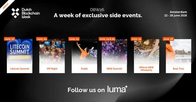 The image shows a webpage with six different event pictures, including ones from the DBW26 week of exclusive side events at Amsterdam. The title "A week of exclusive side events." is displayed above the images. The website also mentions that there's a week where they'll be following @LTCFoundation and another one powered by @Ripple for a boat tour. These events are happening between June 22 and 26, and it says that this week has been @bitvavocom's DBW summit. The first event picture in the top left corner is from the DBW26 week at a glance, showing images of people and possibly an attendee wearing an orange shirt with their arms raised.