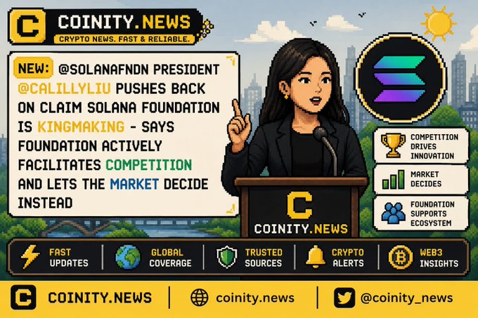 A pixel-art graphic from Coinity.news features a woman speaking at a podium beside the Solana logo, highlighting that Solana Foundation President @calilyliu denies "kingmaking" allegations and emphasizes the foundation's role in facilitating competition and letting the market decide.
