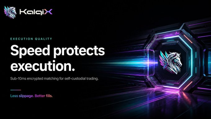An advertisement for KalaqiX exchange promoting 'Execution Quality' with the slogan 'Speed protects execution' and 'Sub-10ms encrypted matching for self-custodial trading. Less slippage. Better fills.'