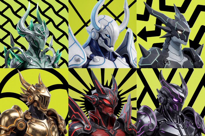 Six armored, horned mecha-style character busts are displayed against vibrant yellow backgrounds with bold black geometric patterns, representing NFT collections partnered with @TheColosseumAI for a free mint promotion.