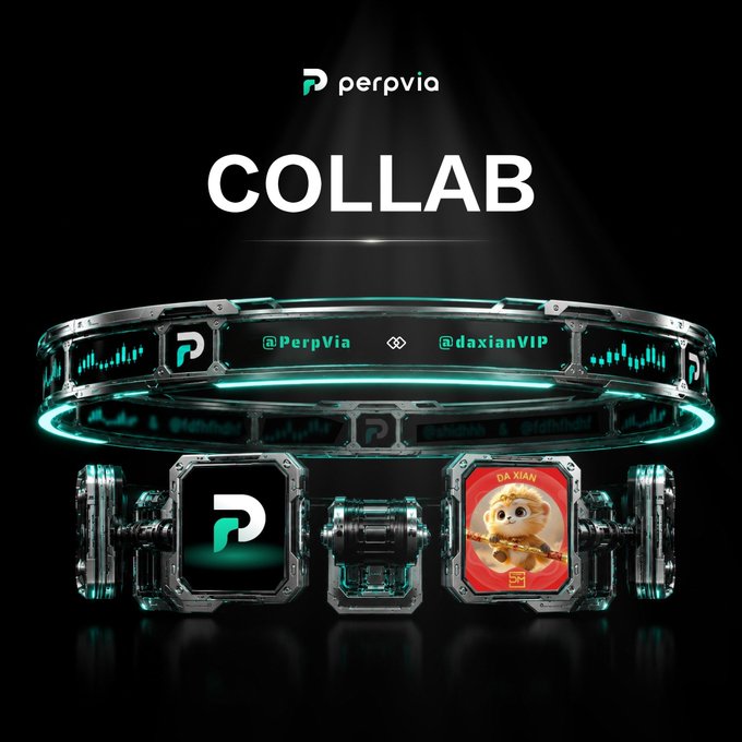 A promotional graphic for 'perpvia' featuring a 'COLLAB' title with glowing teal neon mechanical rings and displays showing '@PerpVia' and '@daxianVIP' along with a cartoon hamster character labeled 'DA XIAN'.