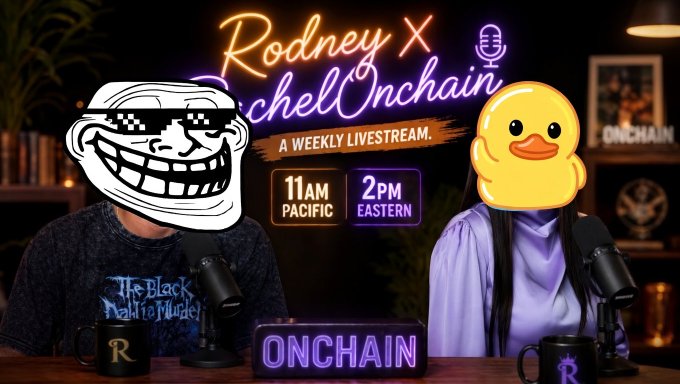 urnberg x rachel onchain host,rodney x rachel onchain, and a yellow duck face are featured on the cover of "The Black Dragon" podcast.