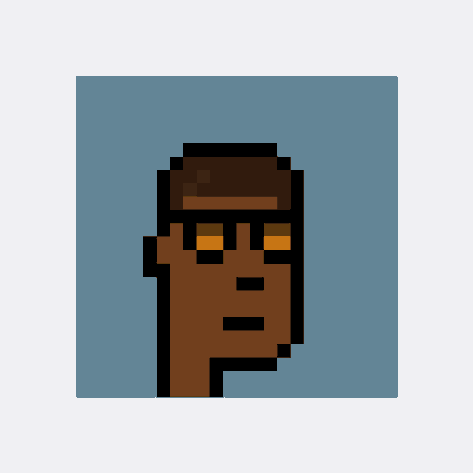 A minimalist pixel art portrait of a person with dark skin and a brown cap rendered in brown and black tones against a solid blue background.