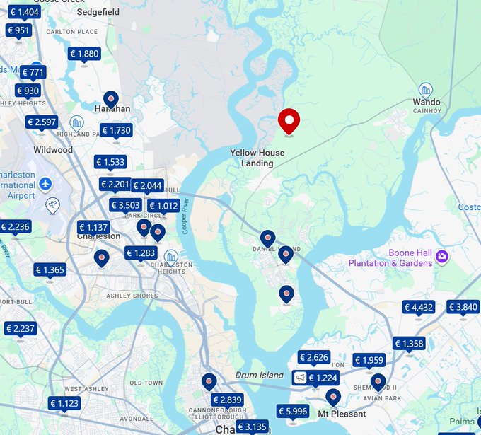 A real estate map of the Charleston, SC area showing various property listings with prices in euros, including areas like Hanahan, Wildwood, Charleston, and Mt Pleasant.