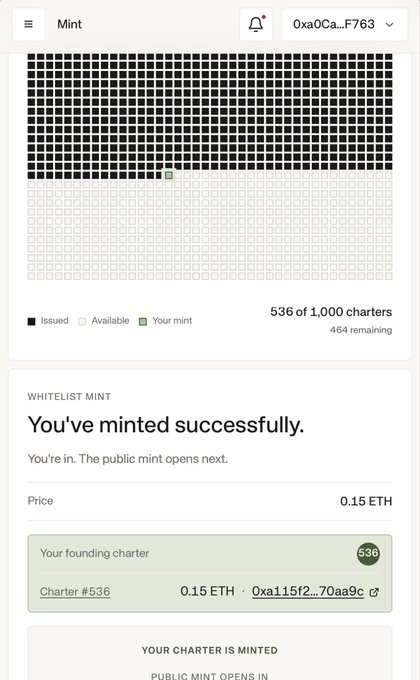 A screenshot of a successful mint confirmation on a mobile interface, showing "You've minted successfully" with charter #536 purchased at 0.15 ETH (0xa015f2...70aa9c), along with a progress grid indicating 536 of 1,000 charters have been issued.
