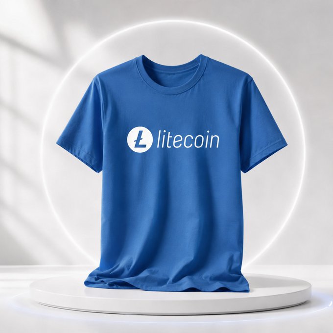 A blue t-shirt displayed on a pedestal featuring the 'litecoin' logo and text.