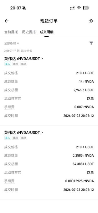 A mobile screenshot of a spot order history page showing two executed buy orders for rNVDA/USDT at 210.4 USDT, with quantities of 14 and 0.2585 rNVDA respectively.