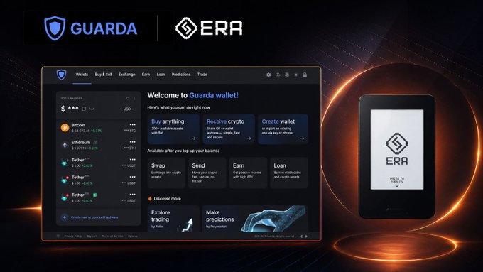 Promotional image showing the Guarda wallet interface alongside an ERA hardware wallet device, with the Guarda and ERA logos at the top.