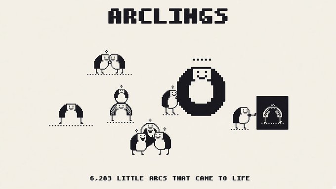Pixel art illustration titled "ARCLIINGS" with subtitle "6.283 LITTLE ARCS THAT CAME TO LIFE" showing various small character sprites in different poses.
