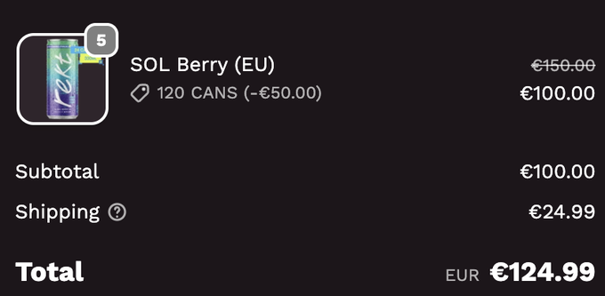 The image shows a credit card information page for the new Solana brand soda flavor. The main focus of the image is a barcode scanning code for the product. There are also other details provided about the product, such as its cost, which includes a $99 shipping fee and an additional €12.99 tax charge. The image does not contain any text related to the post on social media or a meeting refreshment. The main information displayed in this context is directly related to the Solana soda flavor, making it relevant for the audience who is likely interested in purchasing the new product.