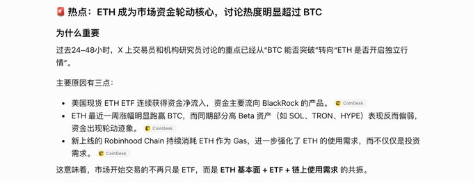 A Chinese article titled '热点：ETH 成为市场资金轮动核心，讨论热度明显超过 BTC' explaining why ETH is becoming the focus of market capital rotation, citing ETF inflows, ETH's strong performance compared to BTC and altcoins, and the new Robinhood Chain.