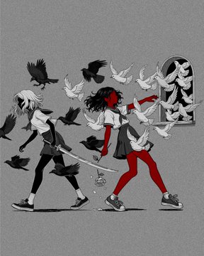 A surreal monochromatic illustration (with red accents) showing two anime-style schoolgirls walking among a flock of black and white birds emerging from a window/doorway.