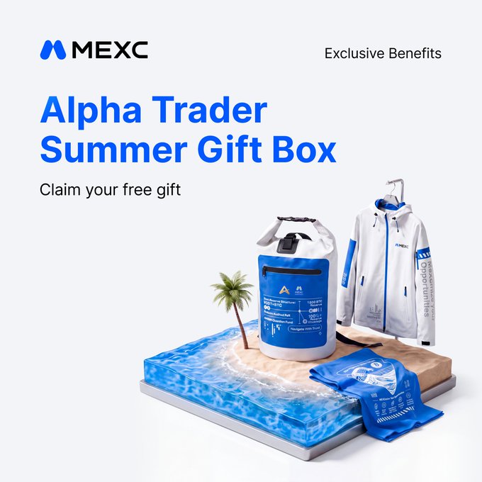 A MEXC exchange promotional graphic advertises an "Alpha Trader Summer Gift Box" featuring a white dry bag, a white hooded jacket, and a blue towel displayed on a beach scene with a palm tree.