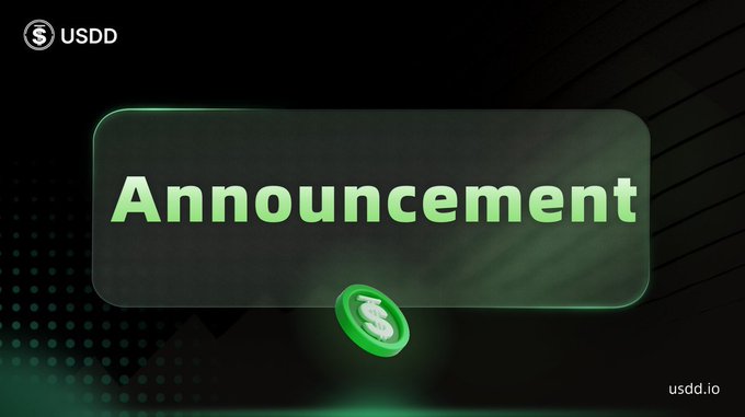 The image displays an "Announcement" graphic for USDD (usdd.io), featuring the USDD logo and a green coin icon on a dark background with dotted patterns. It relates to the accompanying post by serving as an official warning visual to alert users about scammers spreading fake $USDD token addresses to steal funds.