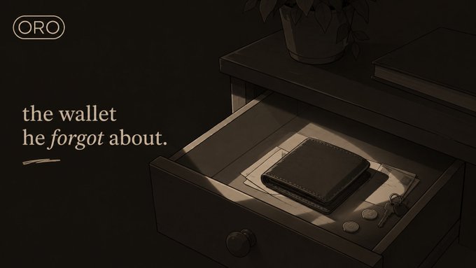 An advertisement for 'ORO' showing a black leather wallet and keys inside an open drawer, with elegant text on the left reading 'the wallet he forgot about.'