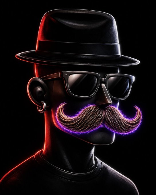 A 3D-rendered stylized black figure with a fedora, sunglasses, hoop earring, and a distinctive mustache outlined in glowing purple against a dark background.