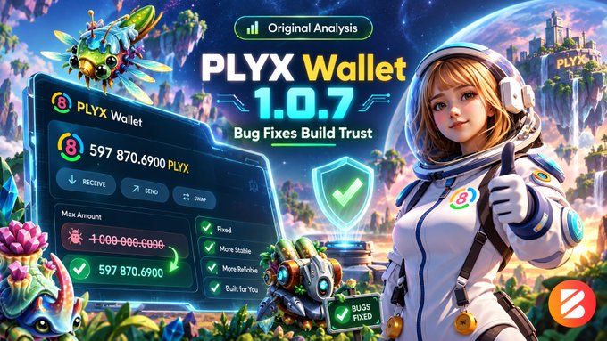 An advertisement for 'PLYX Wallet 1.0.7' features an anime-style female astronaut in a space suit next to a wallet interface showing a balance of '597 870.6900 PLYX'.