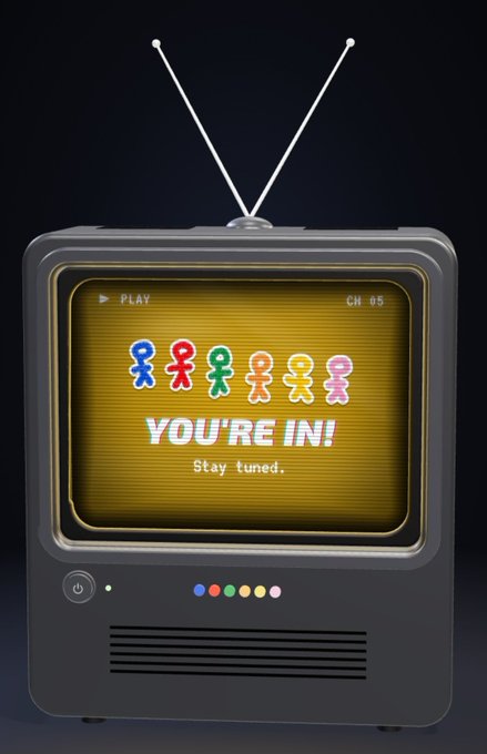 A stylized illustration of a retro television set displaying 'YOU'RE IN! Stay tuned.' with colorful cartoon characters on the screen and rabbit-ear antennas on top.