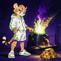 A pixel art scene shows a bald man in a white lab coat with glowing purple energy emanating from a small campfire.