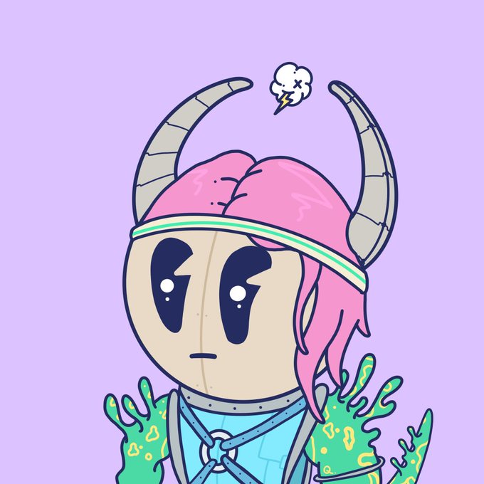 A colorful cartoon illustration of a character wearing a horned helmet with pink hair, teal armor, and a tilted expression, set against a solid light purple background.