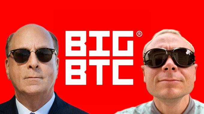 A graphic with a red background showing two men in sunglasses flanking a white 'BIG BTC' logo with a registered trademark symbol.