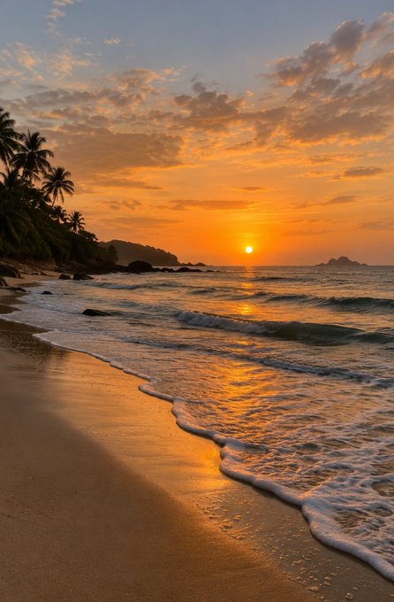 A tropical beach scene at sunset shows gentle waves washing onto the sand, framed by palm trees on the left and the sun dipping below the horizon.