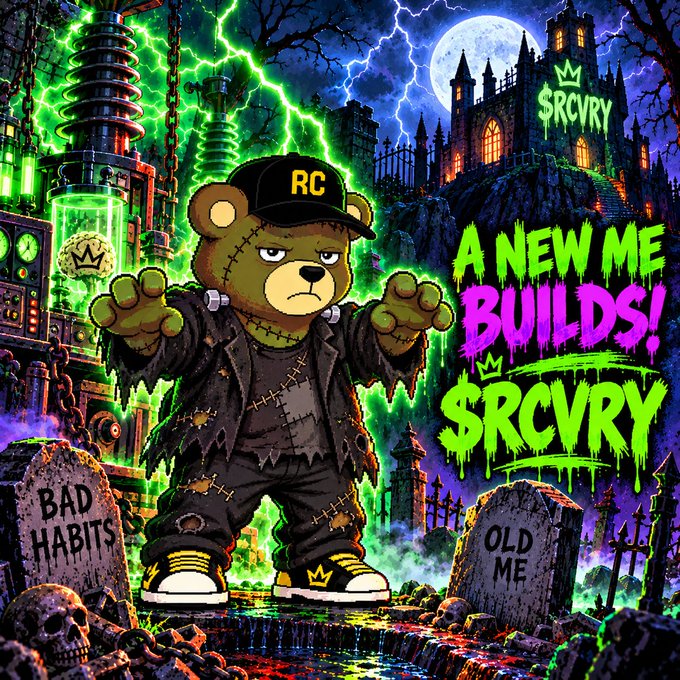 A vivid gothic album-cover-style illustration shows a stitched teddy bear in a black “RC” cap and torn clothing standing in a haunted laboratory before a moonlit castle, with neon green lightning and the text “$RCVRY,” “A NEW ME BUILDS!,” “BAD HABITS,” and “OLD ME.”