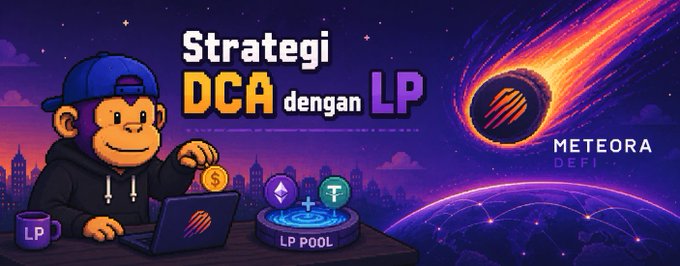 A promotional banner featuring a cartoon monkey character wearing a blue cap and black hoodie, holding a coin, with the text "Strategi DCA dengan LP" and "METEORA DEFI" alongside cryptocurrency token graphics including ETH and Tether.
