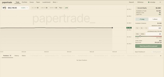 A PaperTrade interface showing a BTC position at $82,746.65 with an Account Equity of $3.02K and Opening positions paused.
