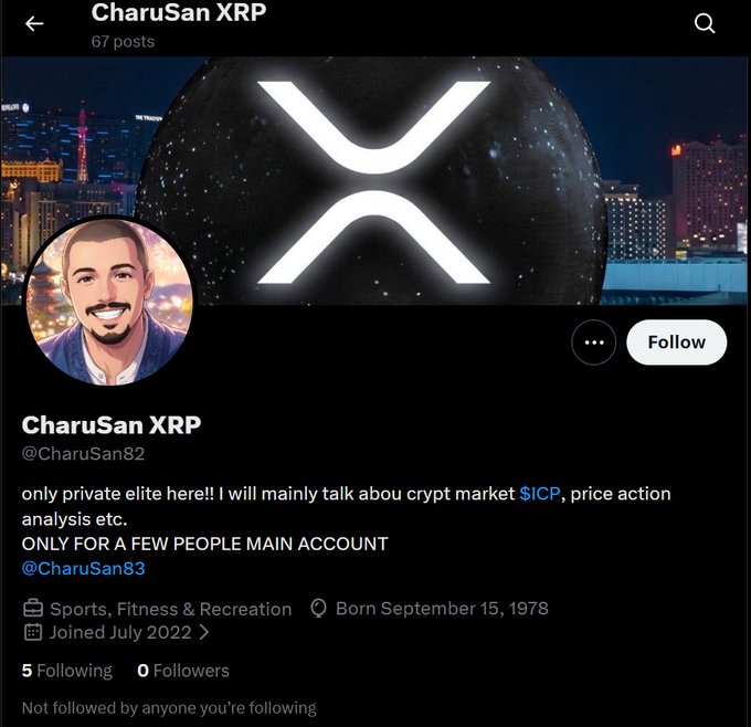 A screenshot of the X (formerly Twitter) profile page for "CharuSan XRP" (@CharuSan82), which has 67 posts, 5 following, 0 followers, and a bio claiming to discuss crypto market and ICP price action while linking to @CharuSan83 as the main account. The accompanying post warns that this is a fake/scam impersonator account, urging users to block and report it.