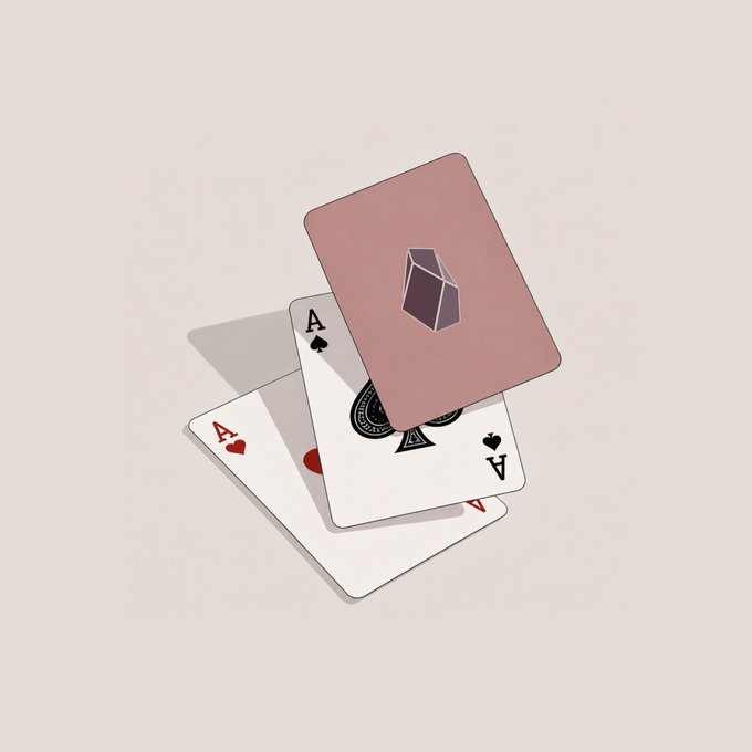 A minimalist 3D rendering of three playing cards (Ace of Spades, Ace of Hearts, and a pink card with a crystal/gem icon) floating in a stacked arrangement against a cream-colored background.