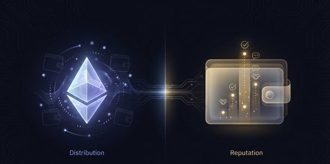 A digital illustration showing two concepts: 'Distribution' represented by a blue Ethereum crystal logo with orbiting devices, and 'Reputation' represented by a golden wallet with various icons and checkmarks, connected by circuit lines.