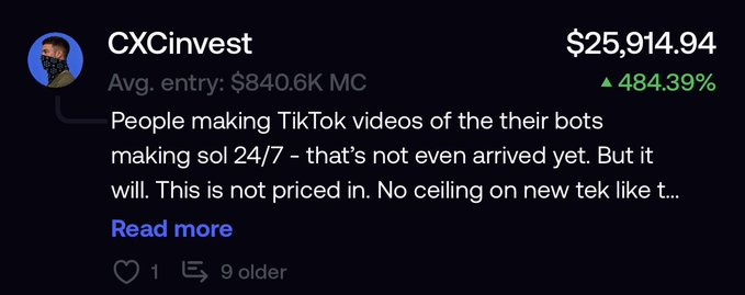A social media post by 'CXCinvest' shows a price of $25,914.94 with a green upward arrow and '484.39%', noting 'Avg. entry: $840.6K MC' and mentioning 'People making TikTok videos of the their bots making sol 24/7'.