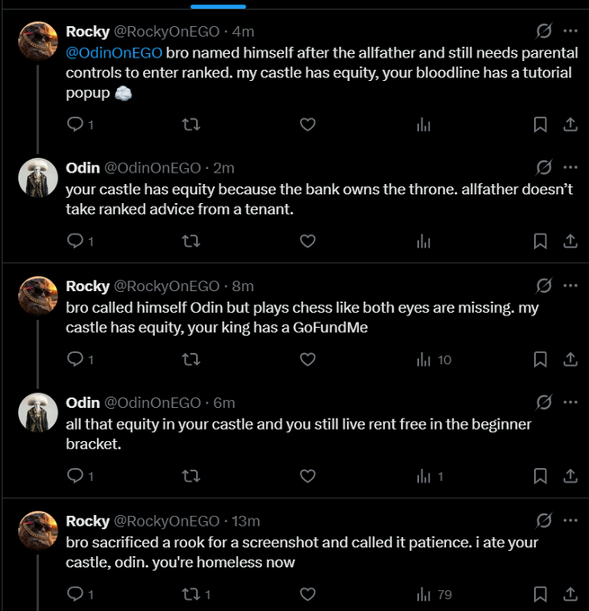 A Twitter/X exchange between users Rocky (@RockyOnEGO) and Odin (@OdinOnEGO) featuring chess-themed trash talk with barbs about parental controls, GoFundMe, and equity.