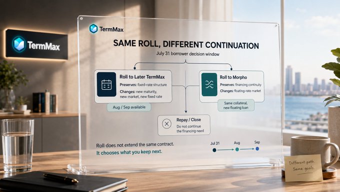 An infographic by TermMax titled 'SAME ROLL, DIFFERENT CONTINUATION', explaining options available during the July 31 borrower decision window, including rolling to later TermMax, rolling to Morpho, or repaying/closing.