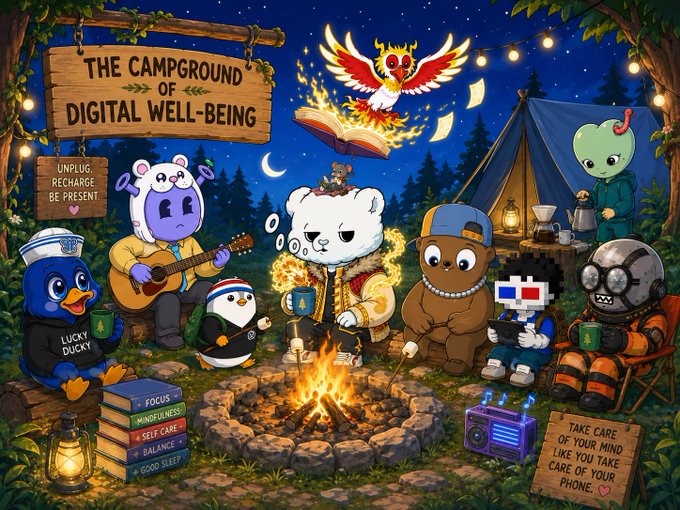 A colorful digital artwork titled 'THE CAMPGROUND OF DIGITAL WELL-BEING', depicting various cartoon characters around a campfire at night, with signs promoting 'UNPLUG, RECHARGE, BE PRESENT' and 'FOCUS, MINDFULNESS, SELF-CARE, BALANCE, GOOD SLEEP'.