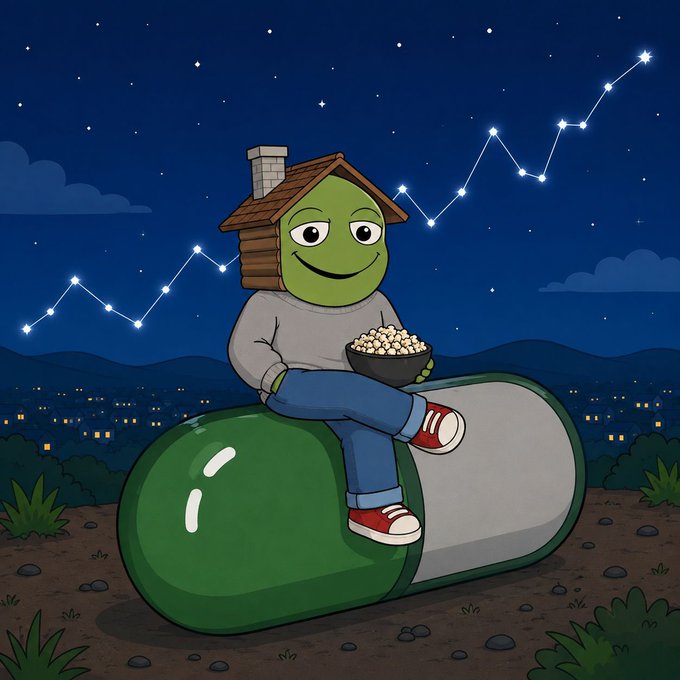 An illustration of a Pepe the Frog character wearing a wooden house roof, sitting on a large green and white pill and eating popcorn under a starry night sky.