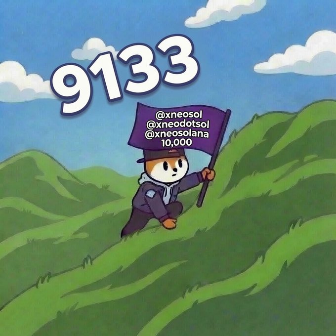 A cartoon illustration of a small character holding a purple flag that displays social media handles '@xneosol', '@xneodotsol', '@xneosolana' and '10,000', with the large number '9133' floating in the sky above.