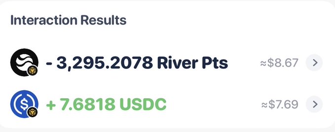 A 'Interaction Results' panel showing a loss of 3,295.2078 River Pts (~$8.67) and a gain of +7.6818 USDC (~$7.69).