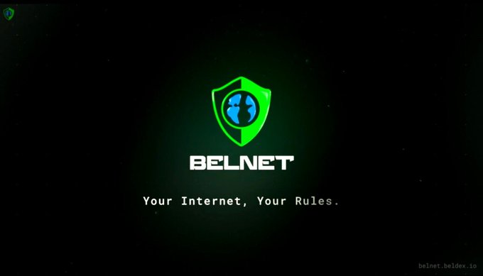 A promotional logo for BELNET with a green shield and globe icon, featuring the tagline 'Your Internet, Your Rules' and the URL 'belnet.beldex.io'.