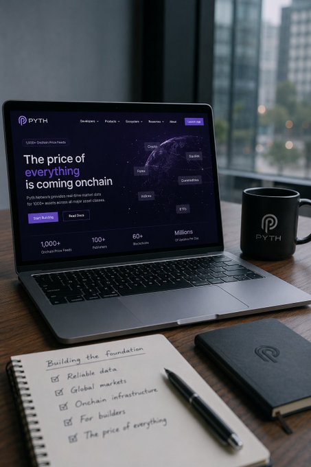urn of coffee, notebook, laptop, and pen rest on a wooden desk, with the laptop displaying "The price of Bitcoin is coming unhashable" and a city skyline view through a window.