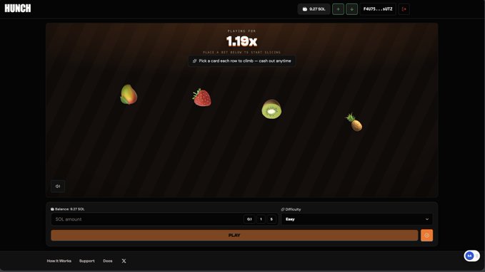 A screenshot of a crypto betting game called "Munch" shows a 1.19x multiplier with fruit icons (avocado, strawberry, kiwi, mango) on a dark striped background.