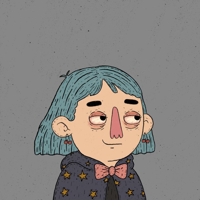 A quirky illustrated portrait of a blue-haired character with a prominent nose, heavy-lidded eyes, and cherry earrings, wearing a star-patterned shirt and pink bow tie, against a gray speckled background—evoking the whimsical "unusual" tone promised by the upcoming 18:00 UTC session.